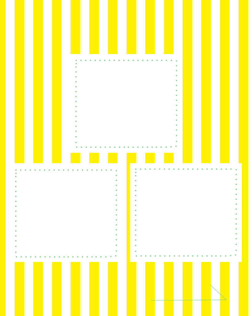 黄色と白の爽やかなシトラス・ストライプ背景に、上部に1つ、下部に2つの白いメッセージ枠を三角形のバランスで配置した、3つの要素を分かりやすく紹介できる背景デザイン。
