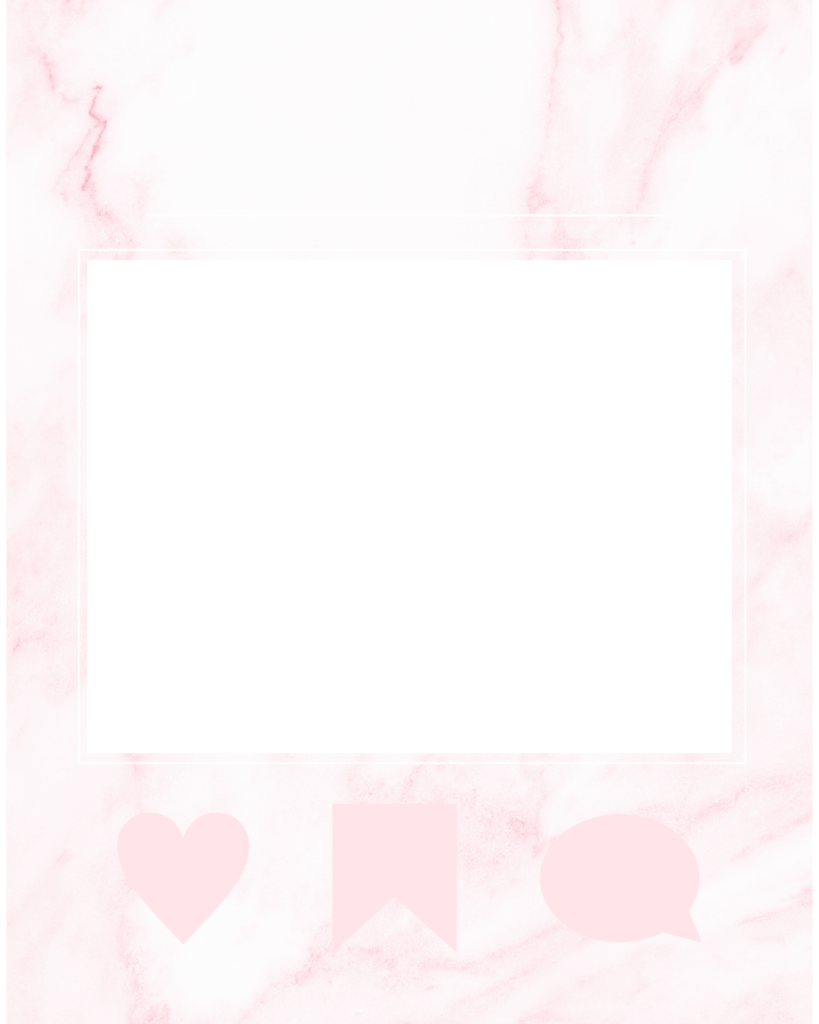 淡いピンクの大理石（マーブル）模様をベースに、中央に白いスクエア型のテキストスペースを配置した背景素材。下部にはピンクのハート、保存用リボン、吹き出しのアイコンが並んだ、リアクションを促す工夫が施された大人可愛いデザイン。
