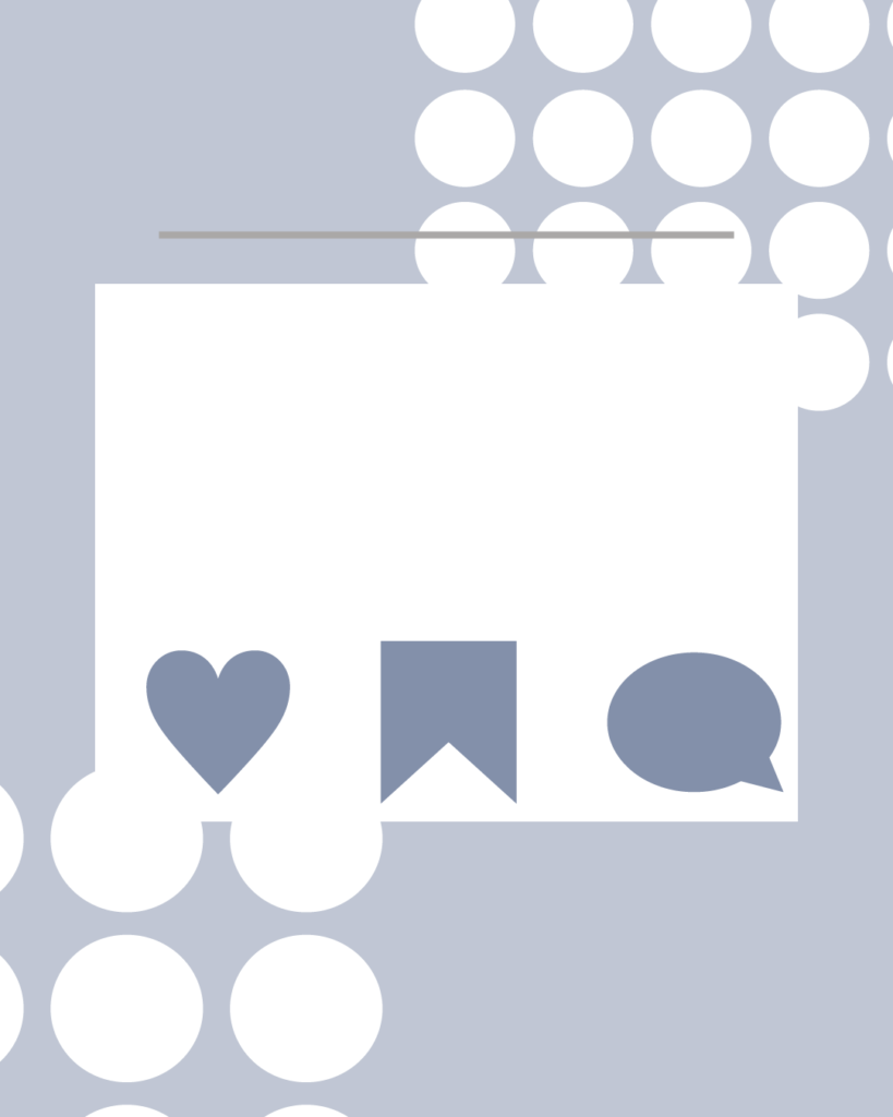 ブルーグレーの背景に対角線上の白い大きなドット柄をあしらった、インスタグラム用背景素材。中央に白い正方形のメッセージエリアがあり、下部には「いいね（ハート）」「保存（リボン）」「コメント（吹き出し）」の3つのアイコンが並んだ、エンディング・サンクスページ用テンプレート画像。
