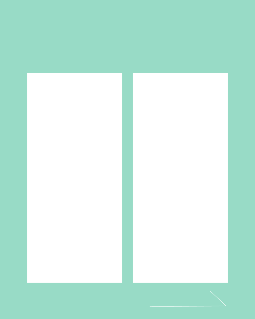 ミントグリーンの背景に2枚の白い縦長長方形を左右に並べ、右下にシンプルな白い矢印を添えた、比較やレイアウトに便利で爽やかな無料デザインテンプレート。
