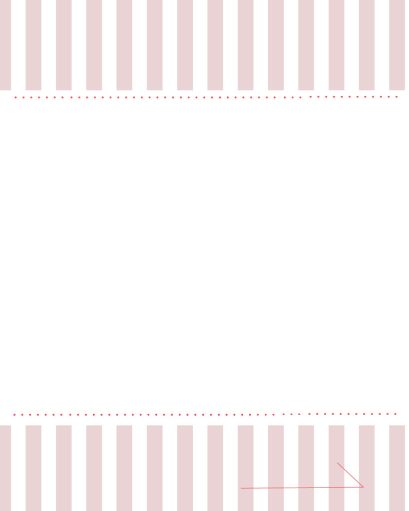 くすみピンクのストライプ柄を上下の縁取りにあしらい、右下に「進む」矢印を配置した、自由度の高い大きな白枠フレームのインスタ投稿用デザインテンプレート素材
