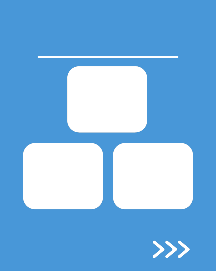 アクアカラーの背景に、1つの上部枠と2つの下部枠がピラミッド状に並んだ、構成図・ツリー構造用スライドテンプレート