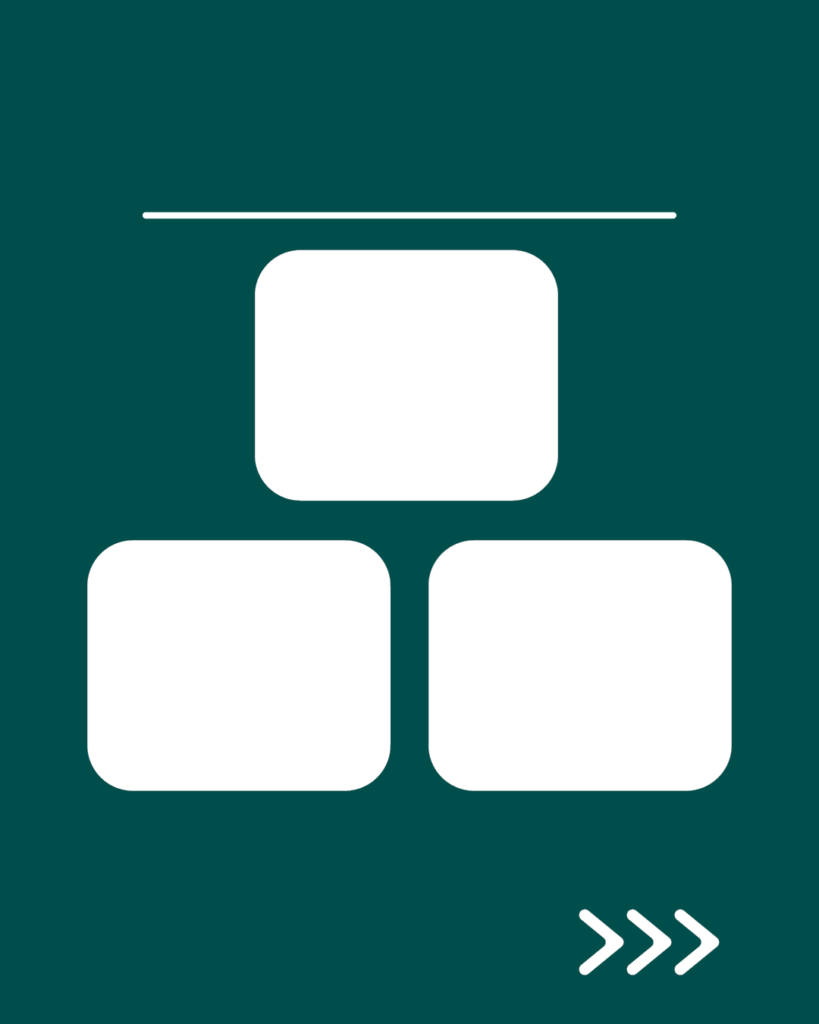 深緑色のインスタ背景素材。上部に細い一本線、中央には上に1つ、下に2つ並んだ合計3つの白い角丸の正方形、右下には次へ進むことを示す3つの矢印アイコンが配置されたデザイン。