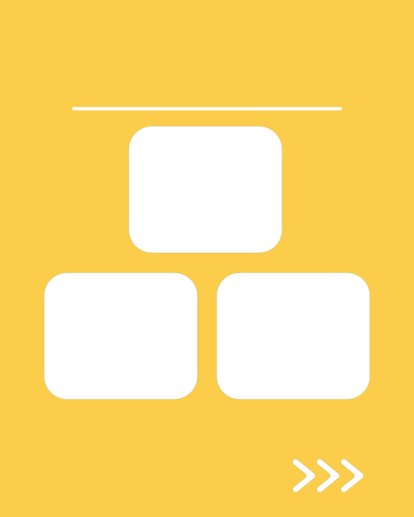 ミモザ・イエローのインスタ背景素材。上部に細い一本線、中央には上に1つ、下に2つ並んだ合計3つの白い角丸の正方形、右下には次へ進むことを示す3つの矢印アイコンが配置されたデザイン。