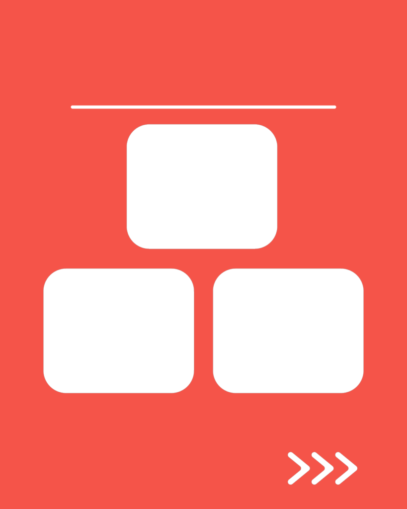 朱色（スカーレット）の背景に、白い水平線。その下に1つの白い角丸長方形、さらにその下に2つの白い角丸正方形が左右に並んだピラミッド状のデザイン。右下には右を指す3つの白い矢印（>>>）が配置されている。
