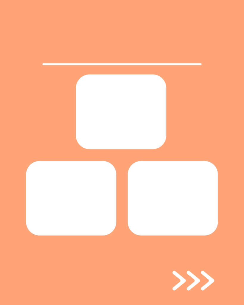 ぬくもりコーラルの背景に、白い水平線。その下に1つの白い角丸長方形、さらにその下に2つの白い角丸正方形が左右に並んだピラミッド状のデザイン。右下には右を指す3つの白い矢印（>>>）が配置されている。
