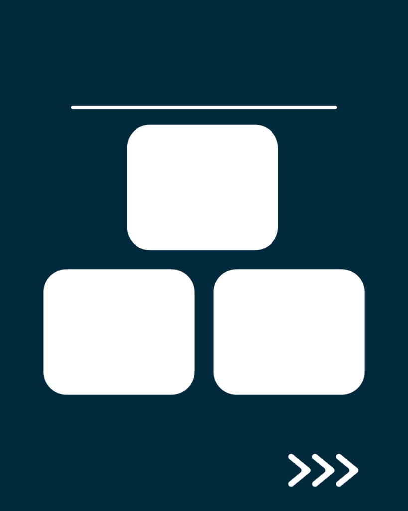 プロフェッショナルネイビーの背景に、白い水平線。その下に1つの白い角丸長方形、さらにその下に2つの白い角丸正方形が左右に並んだピラミッド状のデザイン。右下には右を指す3つの白い矢印(>>>)が配置されている。