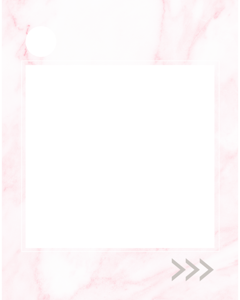 淡いピンクの大理石（マーブル）模様をベースに、中央に白いスクエア型のテキストスペースを配置した背景素材。左上に白い円形ロゴや数字を入れるスペース、右下にスワイプを促すグレーの「>>>」アイコン、細い白枠のフレームが入った、大人可愛いデザイン。
