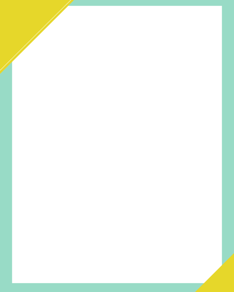 ミントグリーンの背景に大きな白い正方形を配置し、左上と右下のコーナーにイエローの三角形をあしらった、明るく爽やかな無料デザインテンプレート。
