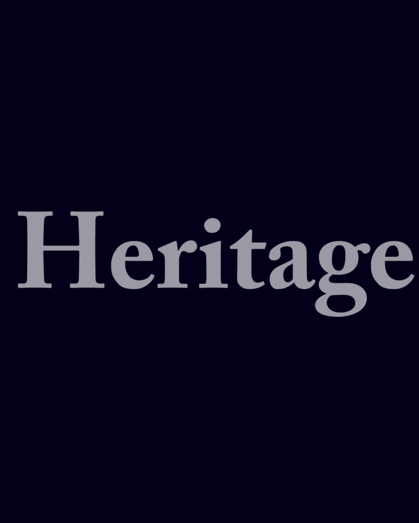 セリフ体の「Heritage」という文字情報、背景透過PNG、不透明度60%

