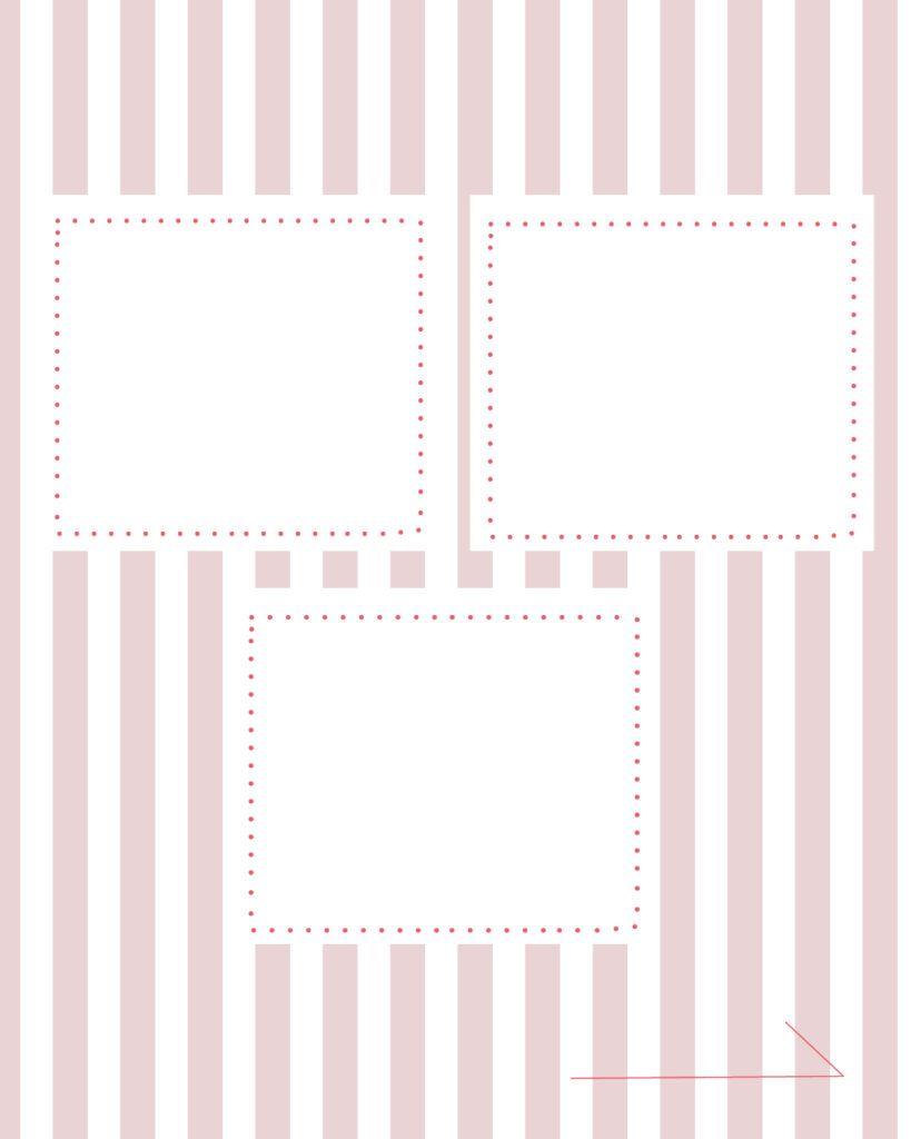 くすみピンクのストライプ柄背景に、上段2つ・下段1つの計3つの独立した白枠フレームと右下に「進む」矢印が付いた、複数項目の紹介に便利なインスタ投稿用デザインテンプレート素材
