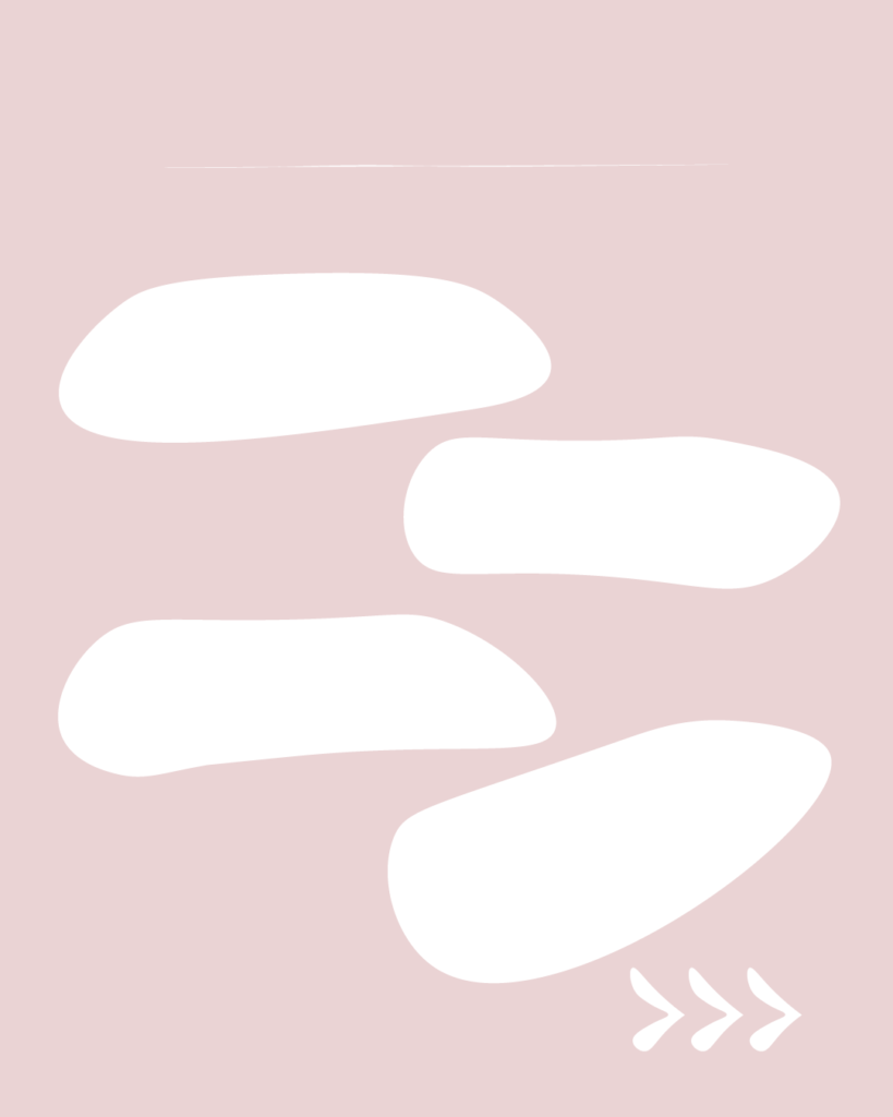 淡いスモーキーピンクの背景の中央に、4つの白い細長い不定形シェイプが上下に並んで配置されたデザイン。上部には細い白い横線、右下には右を指す3つの白い矢印（>>>）が描かれています。
