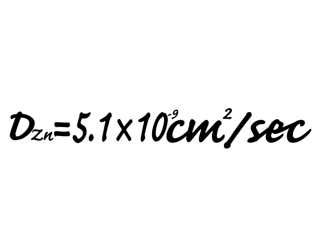 亜鉛の拡散係数を示す数式「Dzn=5.1×10⁻⁹cm²/sec」が、手書き風の黒い文字で書かれた白背景の画像。
