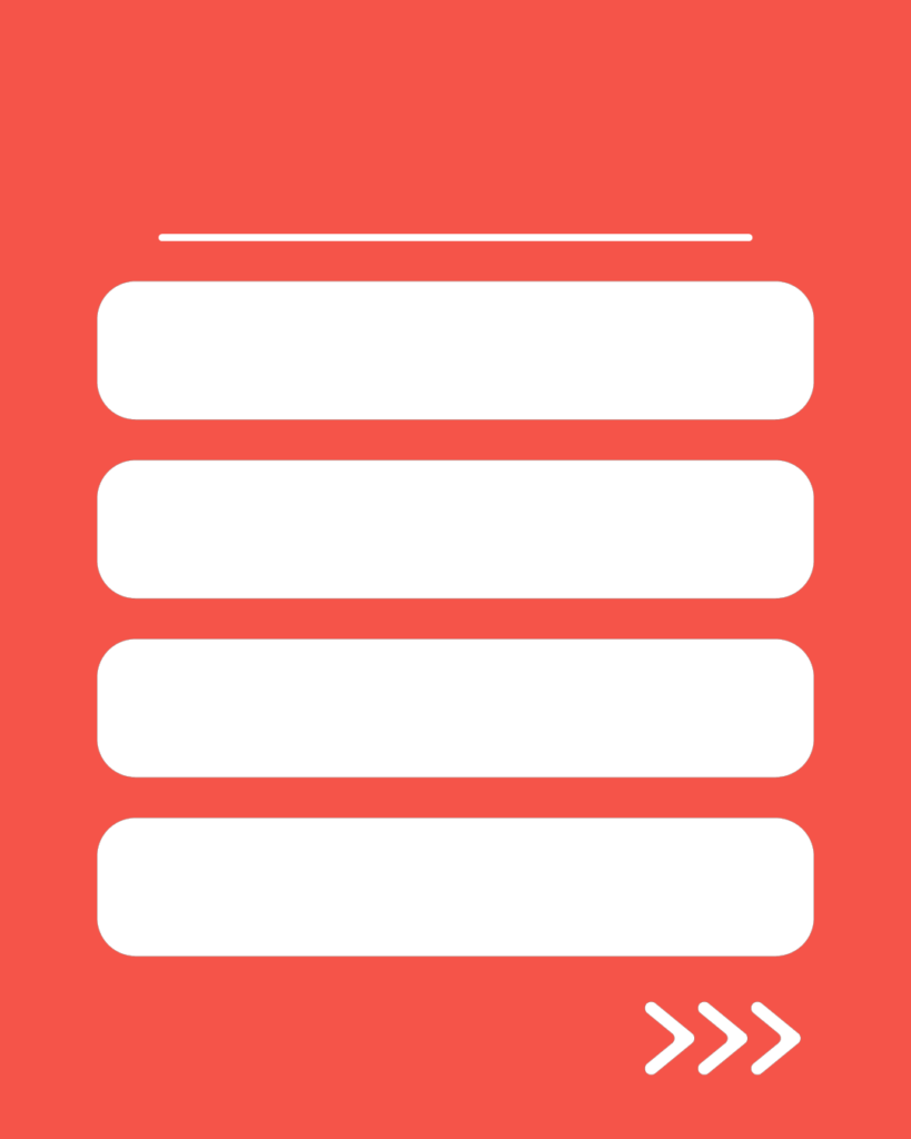 朱色（スカーレット）の背景。上部に白い水平線があり、その下に白い角丸の長方形が縦に4つ並び、右下には右を指す3つの白い矢印（>>>）が配置されたデザイン。

