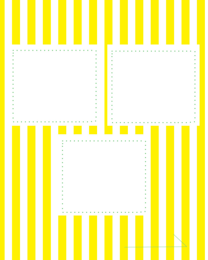 黄色と白の爽やかなシトラス・ストライプ背景に、上部に2つ、下部に1つの白いメッセージ枠を逆三角形のバランスで配置した、情報を整理して提示できる夏らしい背景デザイン。
