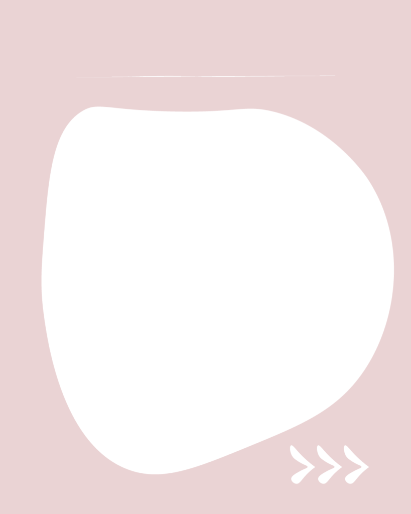 淡いスモーキーピンクの背景の中央に、白い大きな不定形のシェイプが1つ配置されたデザイン。上部には細い白い横線、右下には右を指す3つの白い矢印（>>>）が描かれています。
