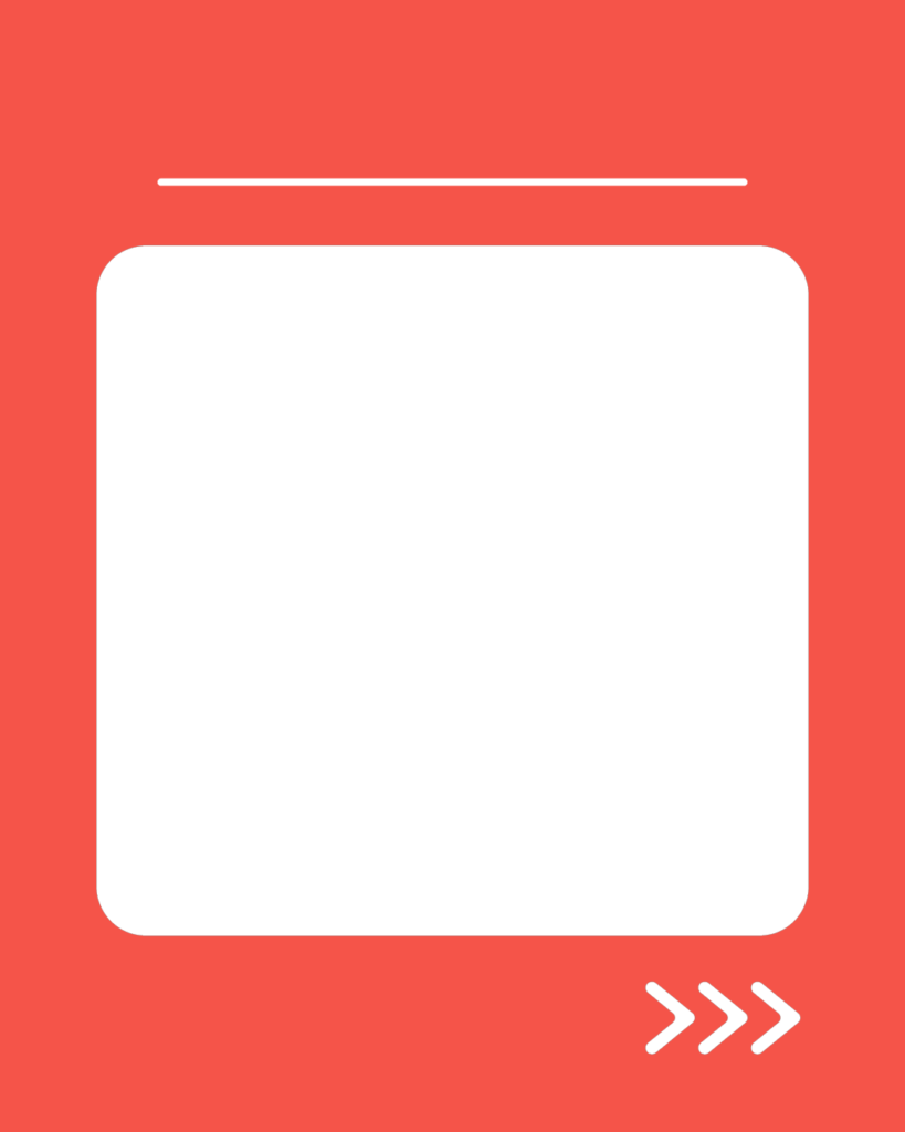 朱色（スカーレット）の背景に、中央に角丸の白い大きな正方形。その上部に細い白い水平線、右下には右を指す3つの矢印アイコン（>>>）が配置されたデザイン。
