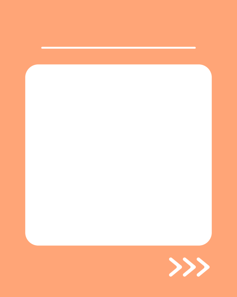 ぬくもりコーラルの背景に、中央に角丸の白い大きな正方形。その上部に細い白い水平線、右下には右を指す3つの白い矢印アイコン（>>>）が配置されたデザイン。
