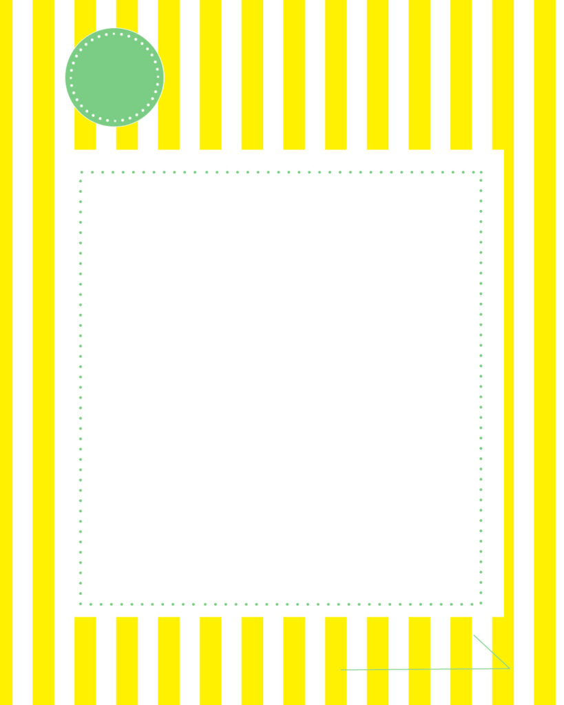 黄色と白の爽やかなシトラス・ストライプ背景に、中央の白い正方形フレームと、左上にアクセントとなるミントグリーンの丸いアイコンを配置した、ポップで夏らしい背景デザイン。
