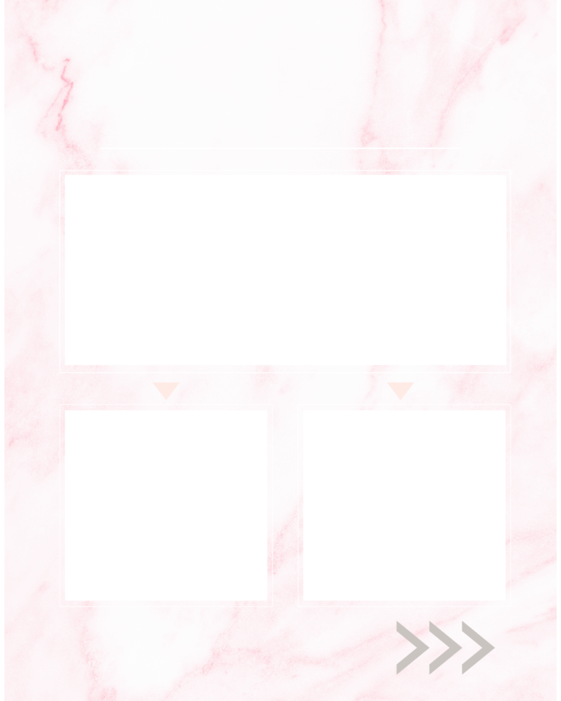 淡いピンクの大理石模様をベースに、上部に1つ、下部に2つの白いスクエア型テキストスペースを配置した背景素材。上下の枠の間には下向きの矢印、右下にはスワイプを促すグレーのアイコンが入った、分岐解説や比較に便利な大人可愛いデザイン。
