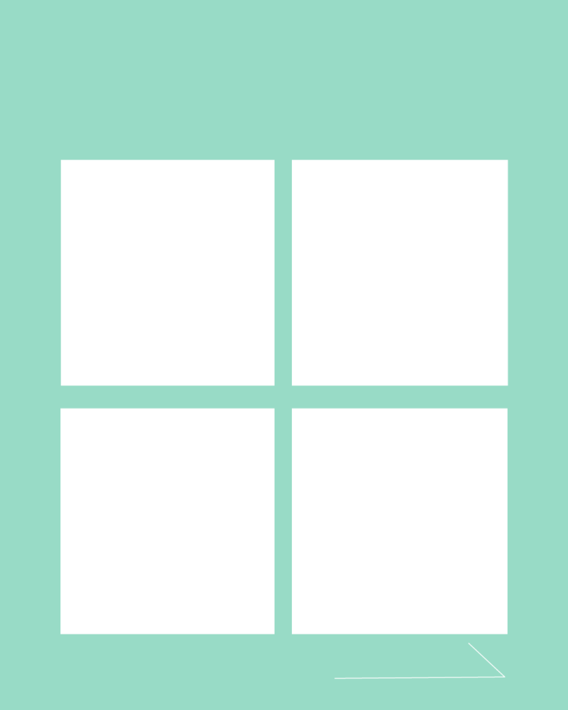 ミントグリーンの背景に4枚の白い正方形を田の字型に並べ、右下にシンプルな矢印を添えた、グリッドレイアウトに便利で爽やかな無料デザインテンプレート。
