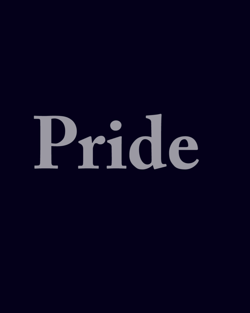 セリフ体の「Pride」という文字情報、背景透過PNG、不透明度60%
