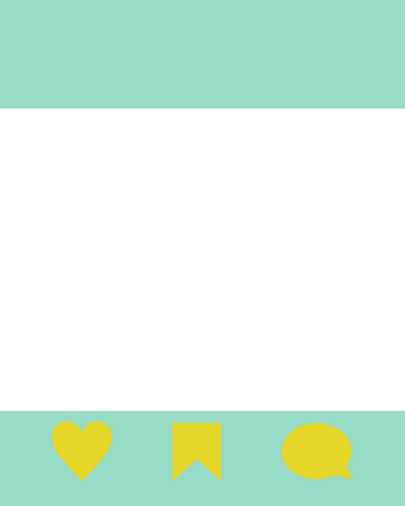 ミントグリーンの背景の中央に大きな白い枠を配置し、下部にハート、フラッグ、吹き出しのイエローのアイコンを並べた、SNS投稿風の爽やかな無料デザインテンプレート。
