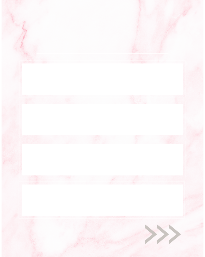 淡いピンクの大理石模様をベースに、中央に白い長方形のテキストスペースを縦に4つ並べた背景素材。各枠の間には下向きの矢印、右下にはスワイプを促すグレーのアイコンが入った、4ステップ解説や手順説明に便利な大人可愛いデザイン。
