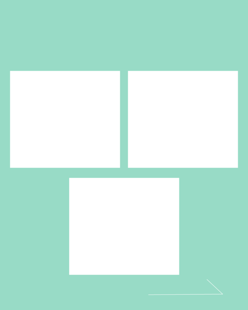 ミントグリーンの背景に3枚の白い横長長方形を逆ピラミッド型に配置し、右下にシンプルな矢印を添えた、複数枚のレイアウトに便利で爽やかな無料デザインテンプレート。
