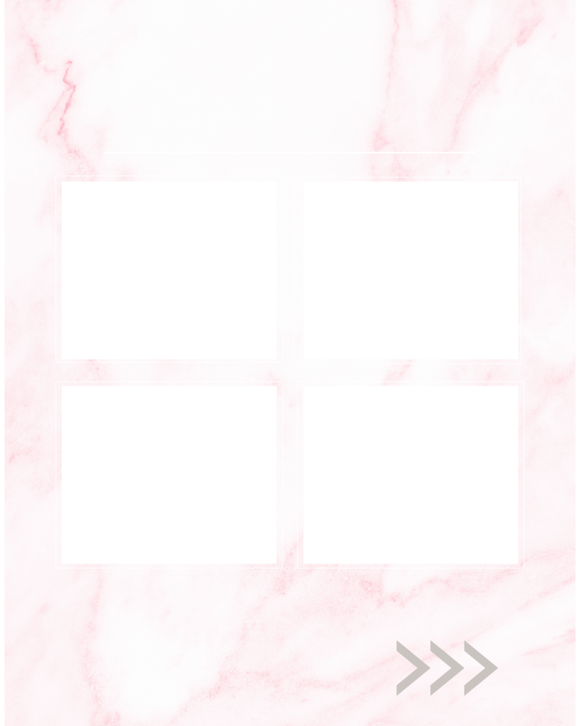 淡いピンクの大理石（マーブル）模様をベースに、中央に白いスクエア型のテキスト・画像スペースを4つ並べた背景素材。右下にスワイプを促すグレーの「>>>」アイコンが入った、4つのポイント解説やまとめに便利な大人可愛いデザイン。
