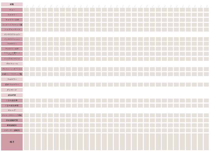 インスタグラムの運用管理・分析用シートのテンプレート。ピンクの落ち着いた配色で、フォロワー数、リーチ、インプレッション、保存数などの主要項目を毎日記録できる表形式のPDF素材。A4サイズと2分割サイズのプレビュー画像。
