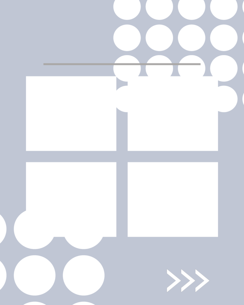 ブルーグレーの背景に対角線上の白い大きなドット柄を配置したインスタグラム用背景素材。中央が白い4つの正方形（田の字型）に分割されており、上部にタイトルライン、右下にスワイプアイコン「>>>」がある、4つのトピックや画像紹介に適したテンプレート画像。
