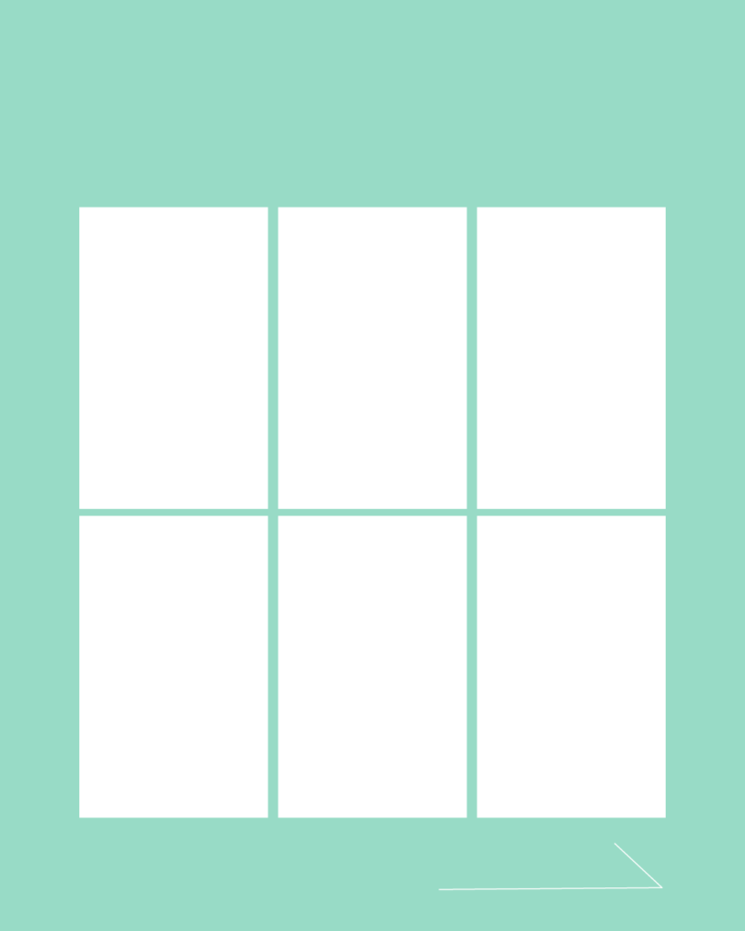 ミントグリーンの背景に6枚の白い縦長長方形をグリッド状に並べ、右下にシンプルな矢印を添えた、マルチレイアウトに便利で爽やかな無料デザインテンプレート。
