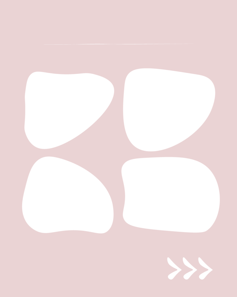 淡いスモーキーピンクの背景に、4つの白い不定形なシェイプが田の字型（2×2）に並んで配置されたデザイン。上部には細い白い横線、右下には右を指す3つの白い矢印（>>>）が描かれています。
