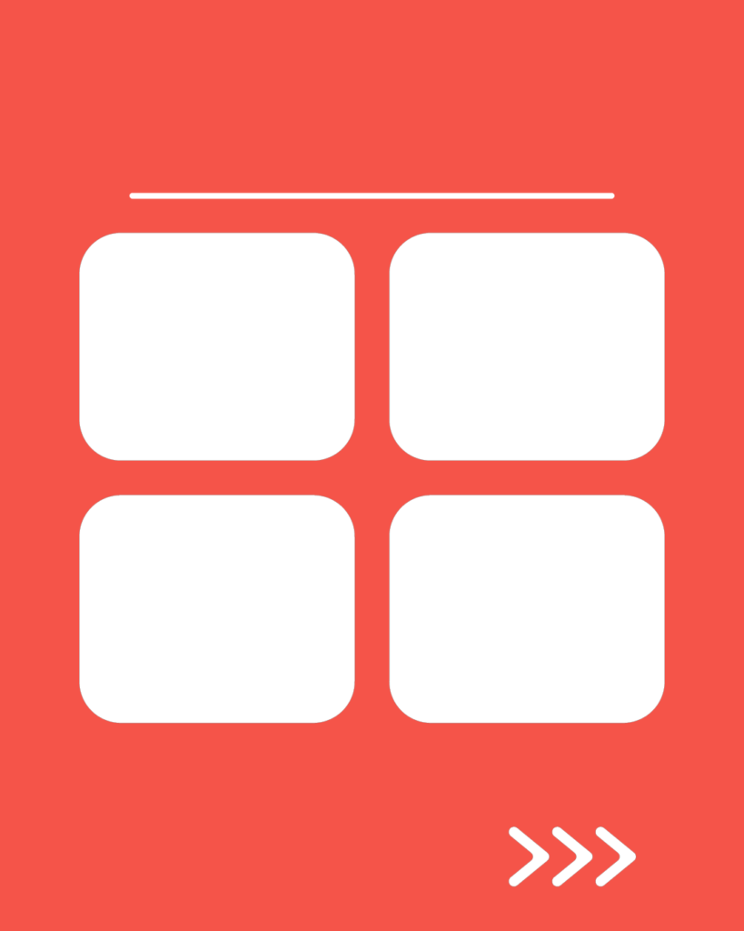 朱色（スカーレット）の背景に、上部に白い水平線。その下に4つの白い角丸正方形が2×2の「田の字型」に並び、右下には右を指す3つの白い矢印（>>>）が配置されたデザイン。
