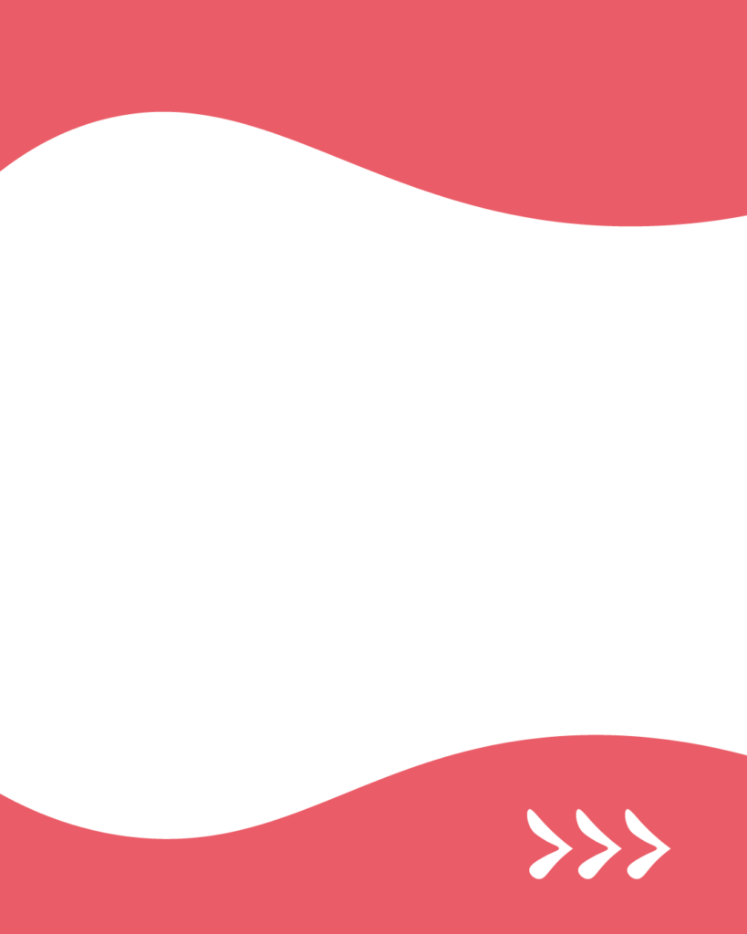 鮮やかなピンク色の背景の上下に、波打つような曲線を描く白い大きなシェイプが配置されたデザイン。中央部分は広く白くなっており、右下には右を指す3つの白い矢印(>>>)が描かれています。