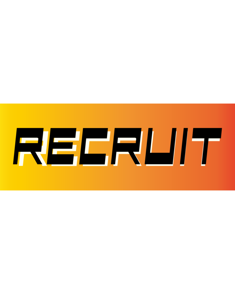 オレンジとイエローのグラデーション背景に、黒い縁取りのある太字の英字で「RECRUIT」と書かれた、採用トップや募集要項にふさわしいスタイリッシュな見出し素材

