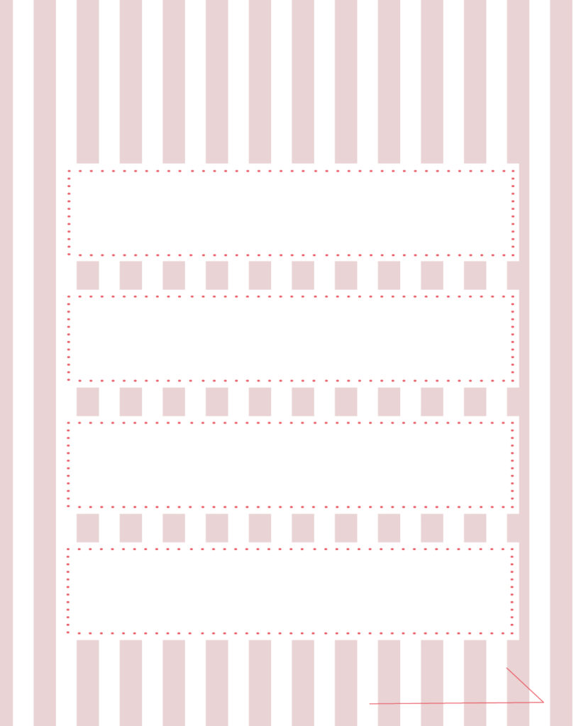 くすみピンクのストライプ柄背景に、独立した4つの横長白枠フレームを垂直に並べ、右下に「進む」矢印を付けた、箇条書きやチェックリストに便利なインスタ投稿用デザインテンプレート素材
