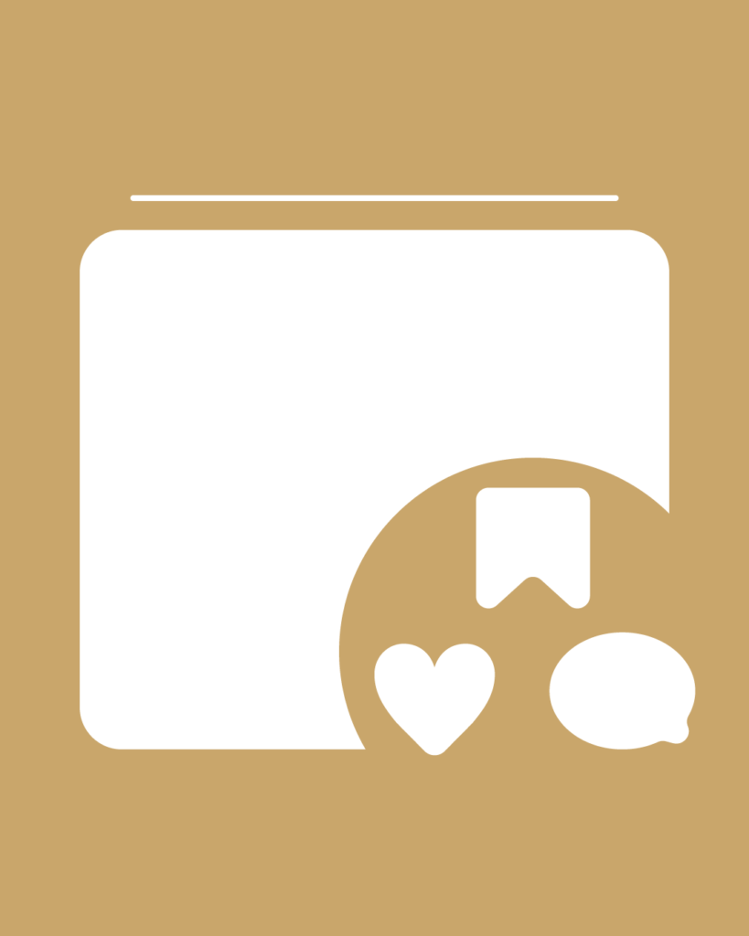 キャメルベージュの背景に、いいね・保存・コメントのアイコンを配置したサンクスページ用の投稿テンプレート