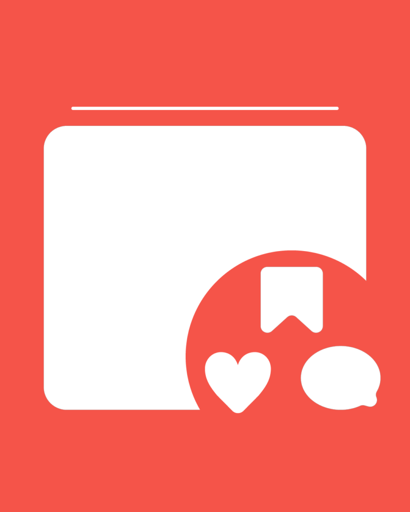 スカーレット（朱色）の背景に、中央に角丸の白い正方形。上部に白い水平線、右下には「保存」「いいね」「コメント」を模した3つの白いアイコンが配置されたデザイン。
