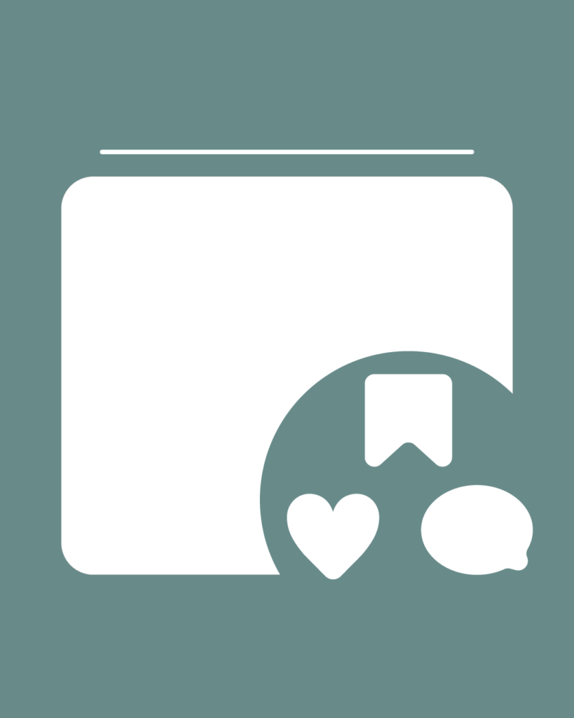 スモーキーグリーンの背景に、中央に角丸の白い正方形。上部に白い水平線、右下には「保存」「いいね」「コメント」を模した3つの白いアイコンが配置されたデザイン。
