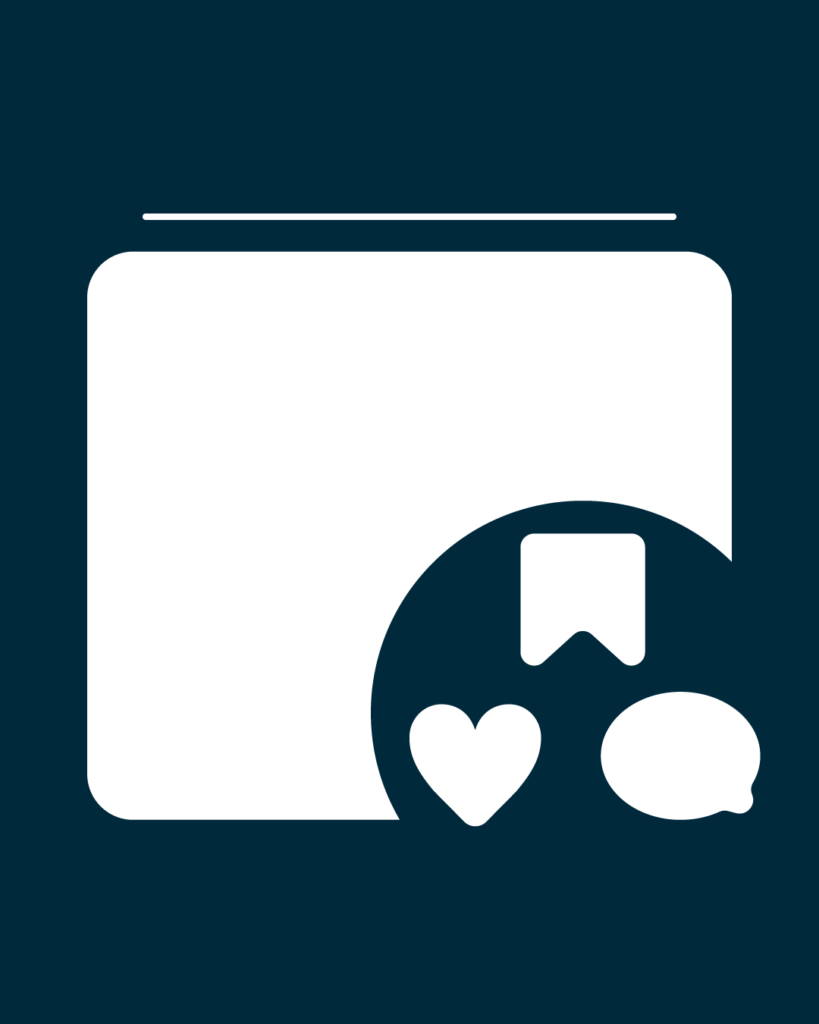 プロフェッショナルネイビーの背景に、中央に角丸の白い正方形。上部に白い水平線、右下には円の中に「保存」「いいね」「コメント」を模した3つの白いアイコンが配置されたデザイン。