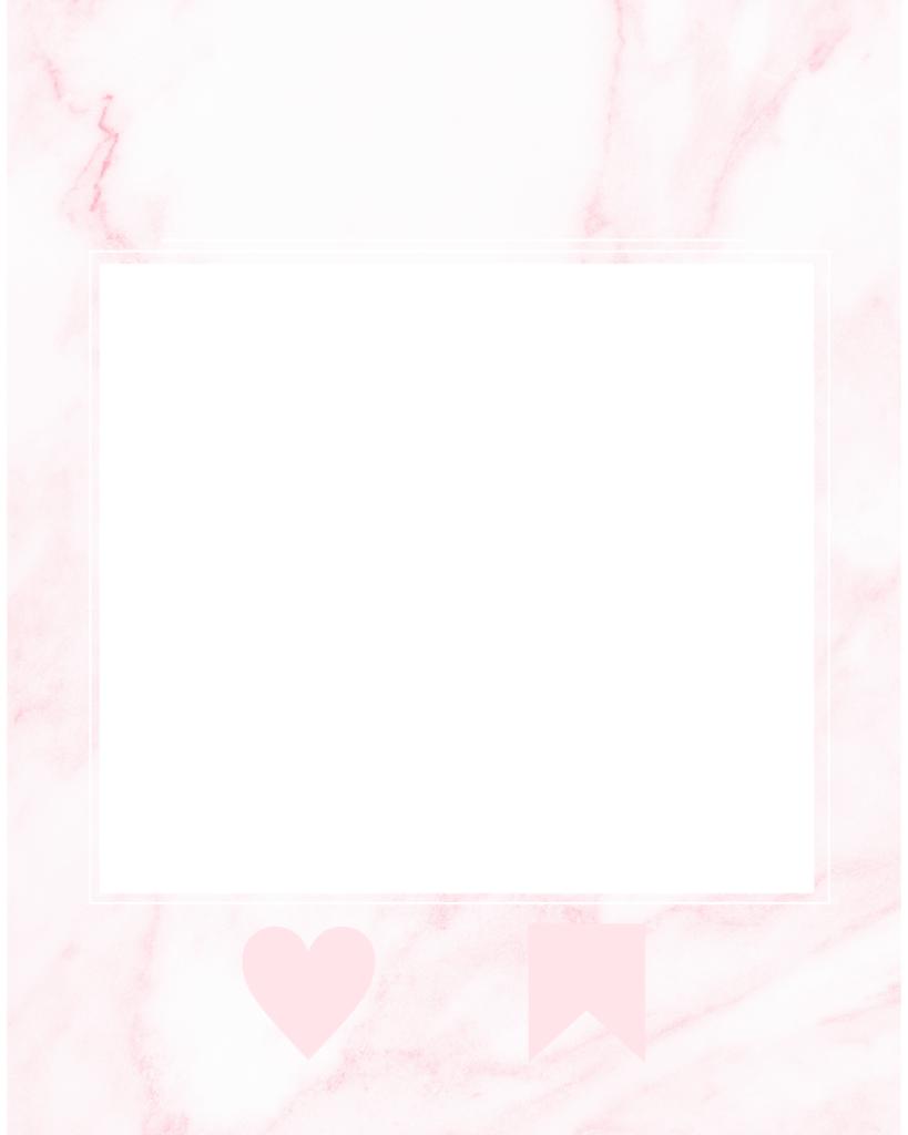 淡いピンクの大理石模様をベースに、中央に白いスクエア型のテキストスペースを配置した背景素材。下部には大きくピンクのハートと保存用リボンのアイコンが配置された、アクションを促す大人可愛いデザイン。
