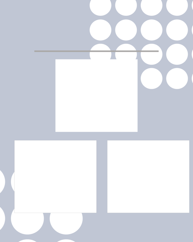 ブルーグレーの背景に対角線上の白い大きなドット柄をあしらった、インスタグラム用背景素材。中央に3つの白い正方形が配置されており、上部に1つ、下部に2つ並んだピラミッド型のレイアウト。上部に細いタイトルラインが入った、情報の整理や図解に役立つテンプレート画像。
