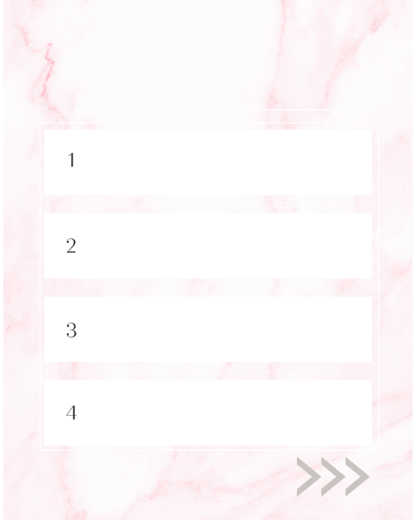 淡いピンクの大理石模様をベースに、左側に1から4の数字が入った白い長方形のテキストスペースを縦に4つ並べた背景素材。右下にスワイプを促すグレーのアイコンが入った、4つのポイント解説やランキングに便利な大人可愛いデザイン。
