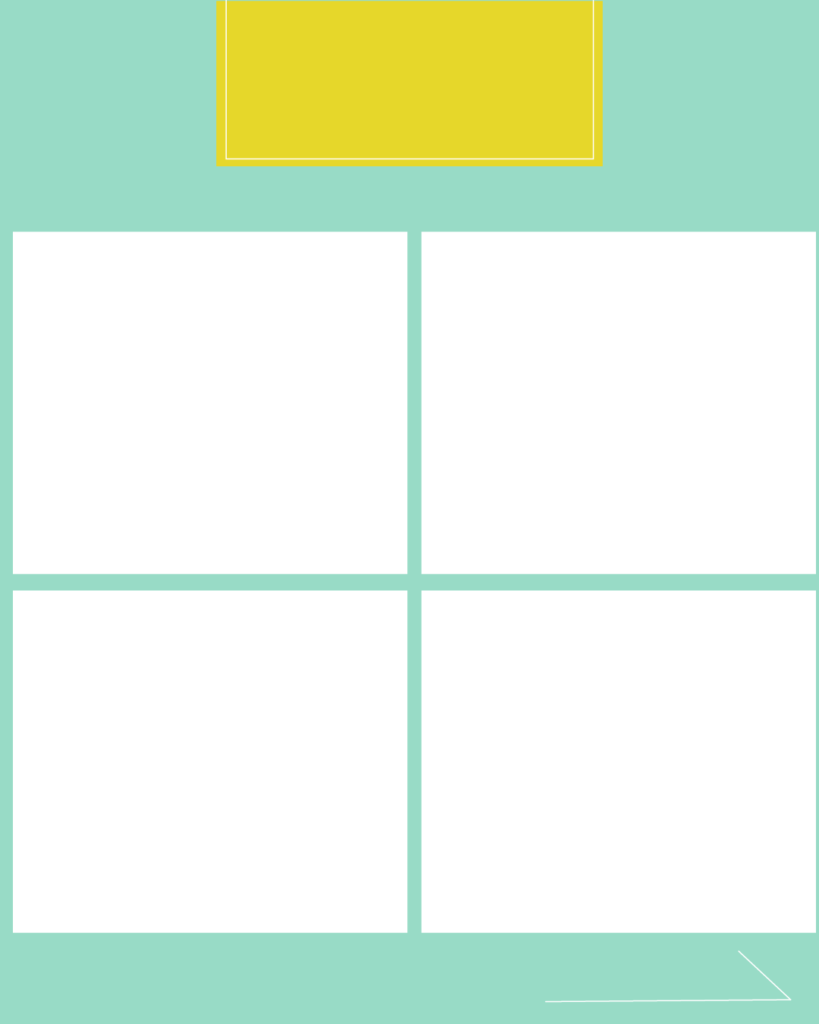 ミントグリーンの背景に、上部のイエローのタイトル枠と、中央の4つの白い正方形を配置し、右下に矢印を添えた、まとめ画像に最適で爽やかな無料デザインテンプレート。
