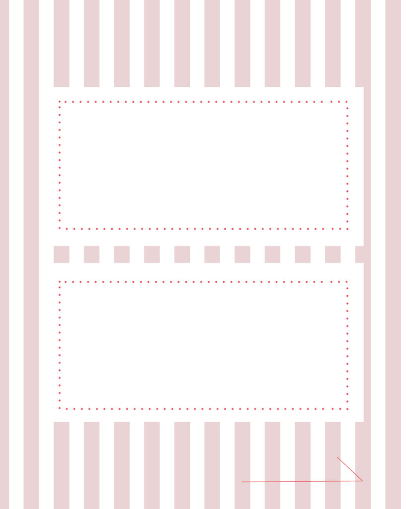 くすみピンクのストライプ柄背景に、上下2つの独立した白枠フレームと右下に「進む」矢印が付いた、Before/Afterや2つのトピック紹介に最適なインスタ投稿用デザインテンプレート素材
