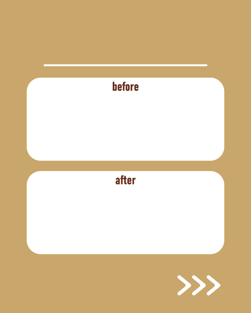 キャメルベージュの背景に、上下に並んだBEFORE/AFTERの比較用テキスト枠とスワイプ矢印が付いたスライドテンプレート