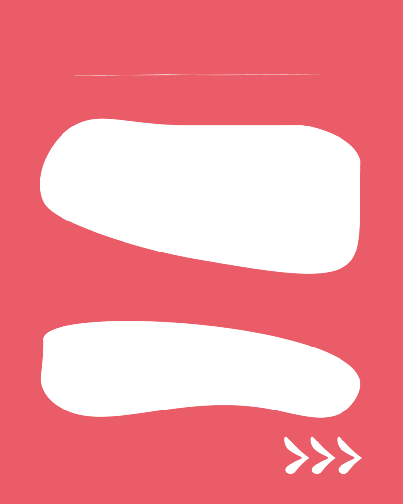 鮮やかなピンク色の背景の中央に、2つの白い横長の不定形シェイプが上下に並んで配置されたデザイン。上のシェイプの方が下のものより少し太く描かれています。上部には細い白い横線、右下には右を指す3つの白い矢印(>>>)があります。