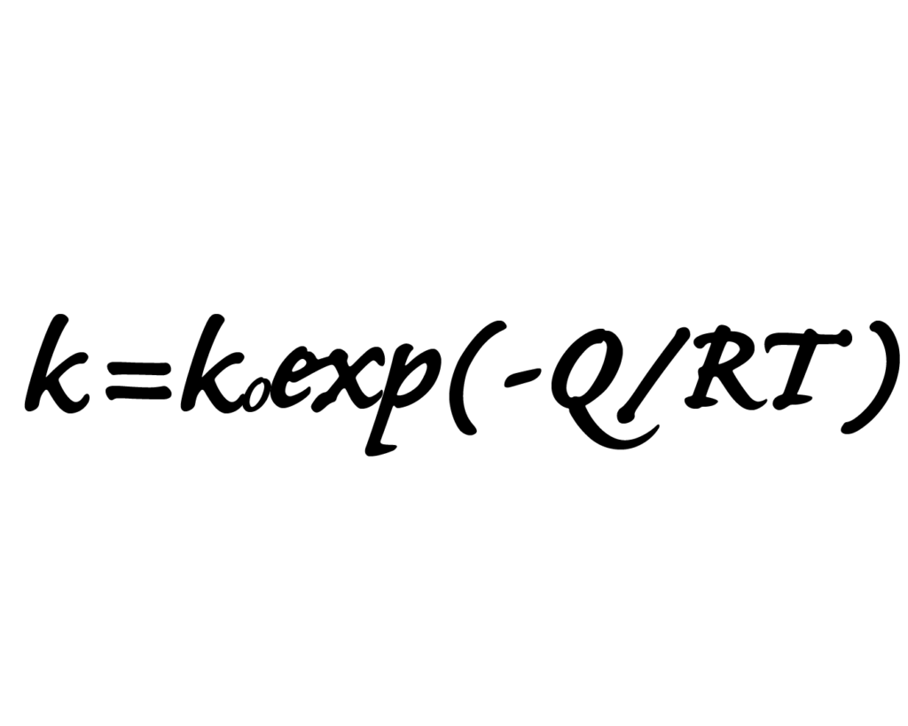 アレニウスの式「k=k₀exp(-Q/RT)」が、手書き風の黒い文字で書かれた白背景のシンプルな画像。
